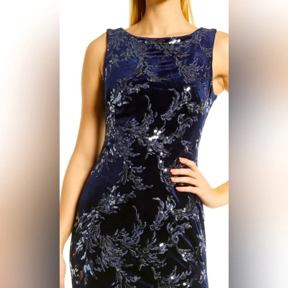 ELIZA J Sequin Embellished Evening Gown Navy Size 4 Mermaid Sequins Velour - Picture 4 of 15